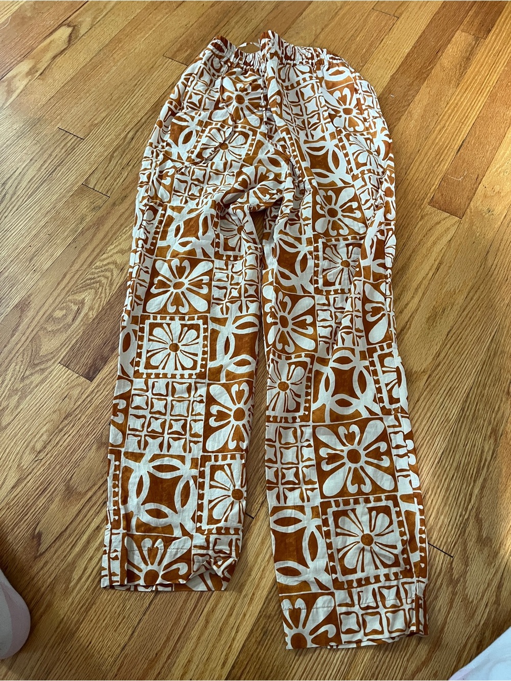 Zara Cream & Rust Geo Floral Wide-Leg Pants
